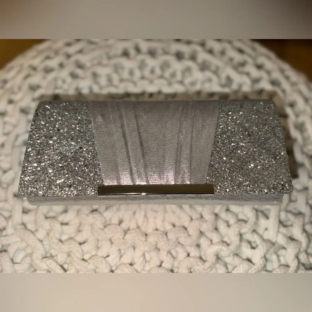 Silver Glitter Evening Clutch Formal Party Wedding Handbag